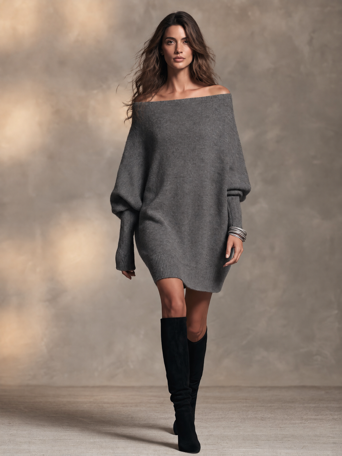 Women's Charcoal Wool Knit Off‑Shoulder Batwing Sleeve Mini Sweater Dress