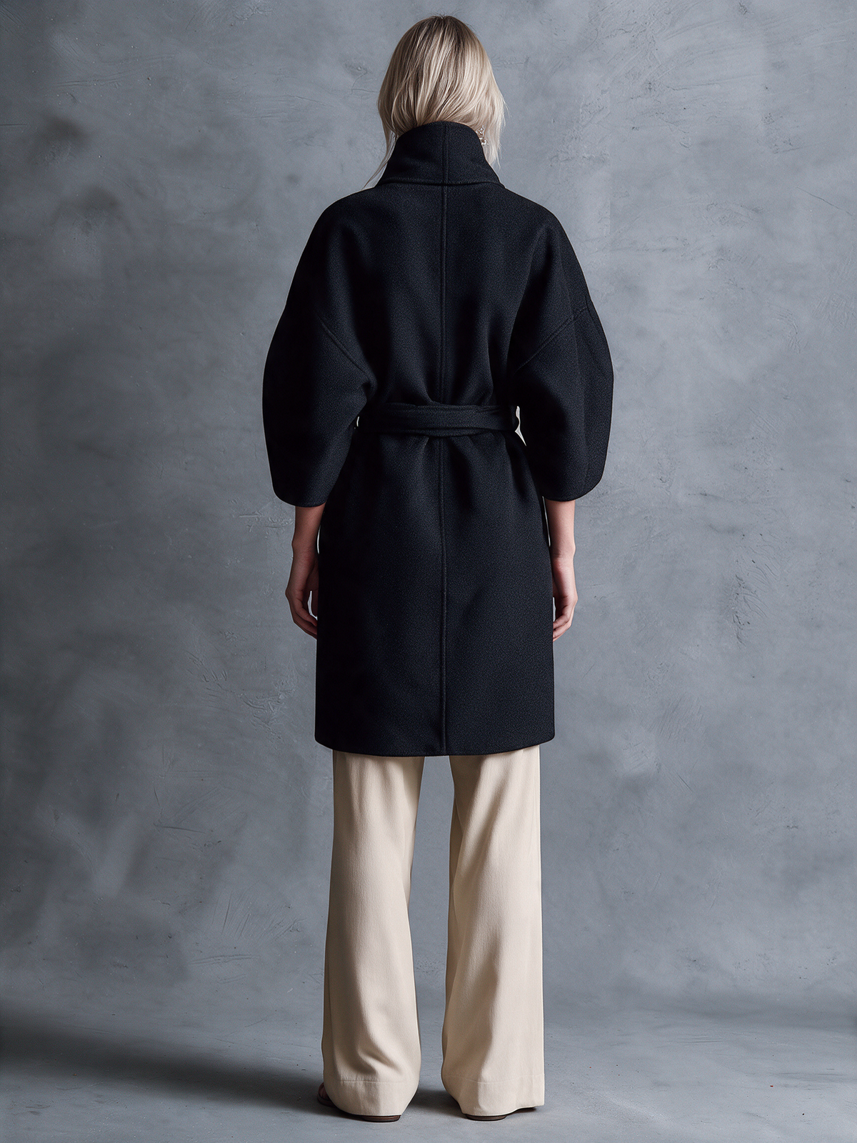 Women's Black Woolen Funnel‑Neck Belted Coat With Raglan Three‑Quarter Sleeves And Concealed Front