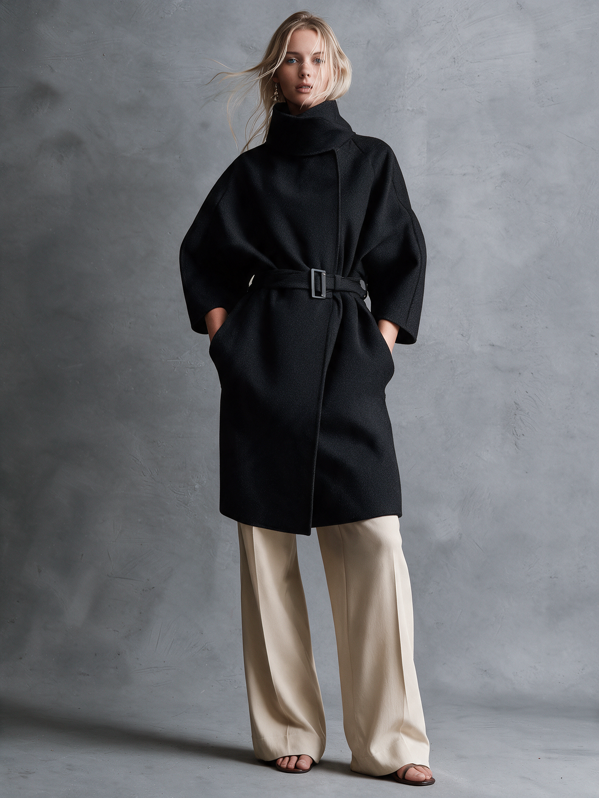 Women's Black Woolen Funnel‑Neck Belted Coat With Raglan Three‑Quarter Sleeves And Concealed Front