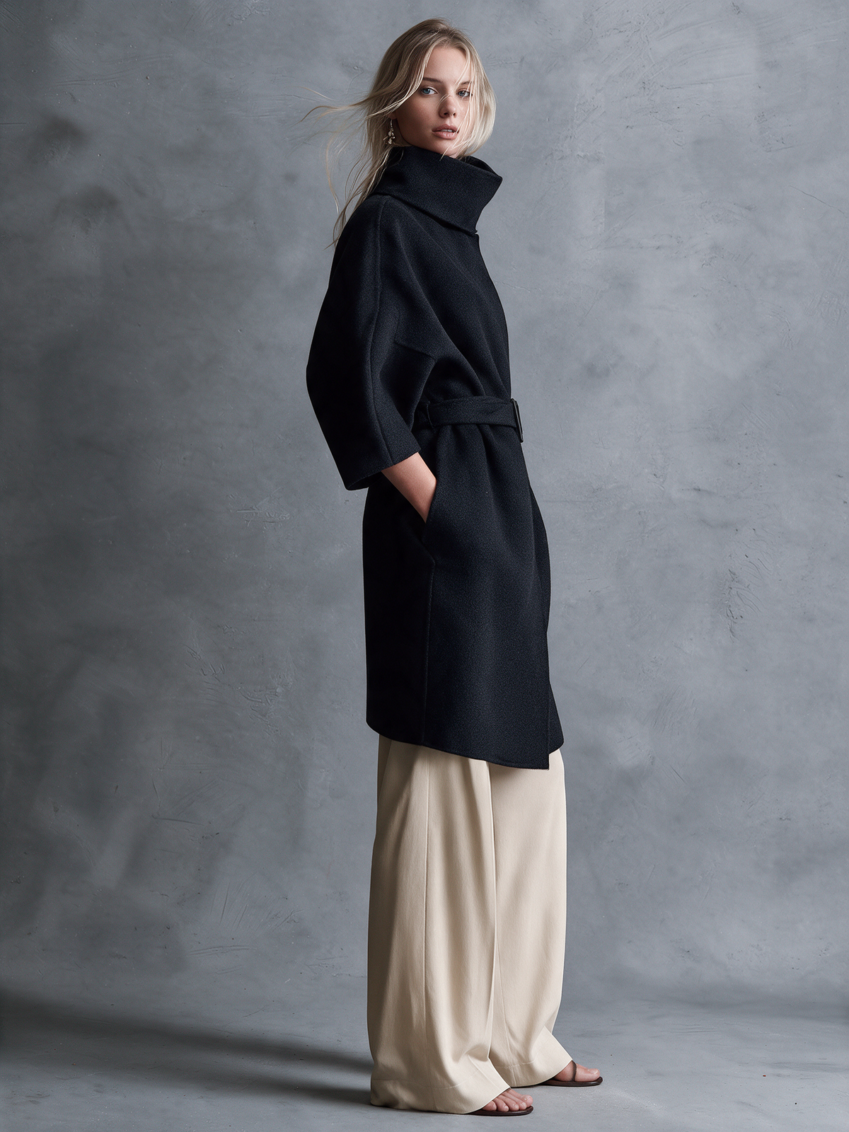 Women's Black Woolen Funnel‑Neck Belted Coat With Raglan Three‑Quarter Sleeves And Concealed Front