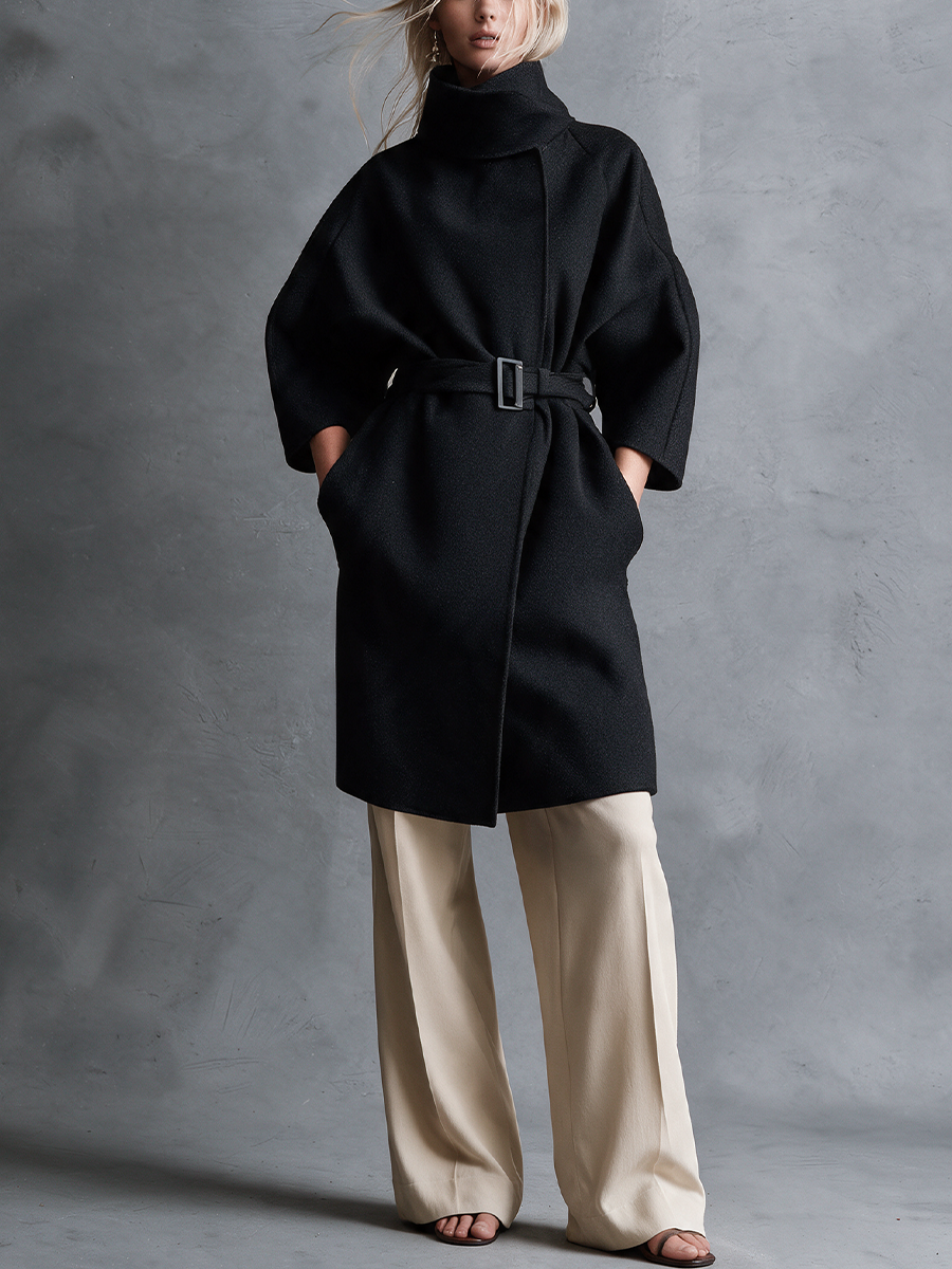 Women's Black Woolen Funnel‑Neck Belted Coat With Raglan Three‑Quarter Sleeves And Concealed Front