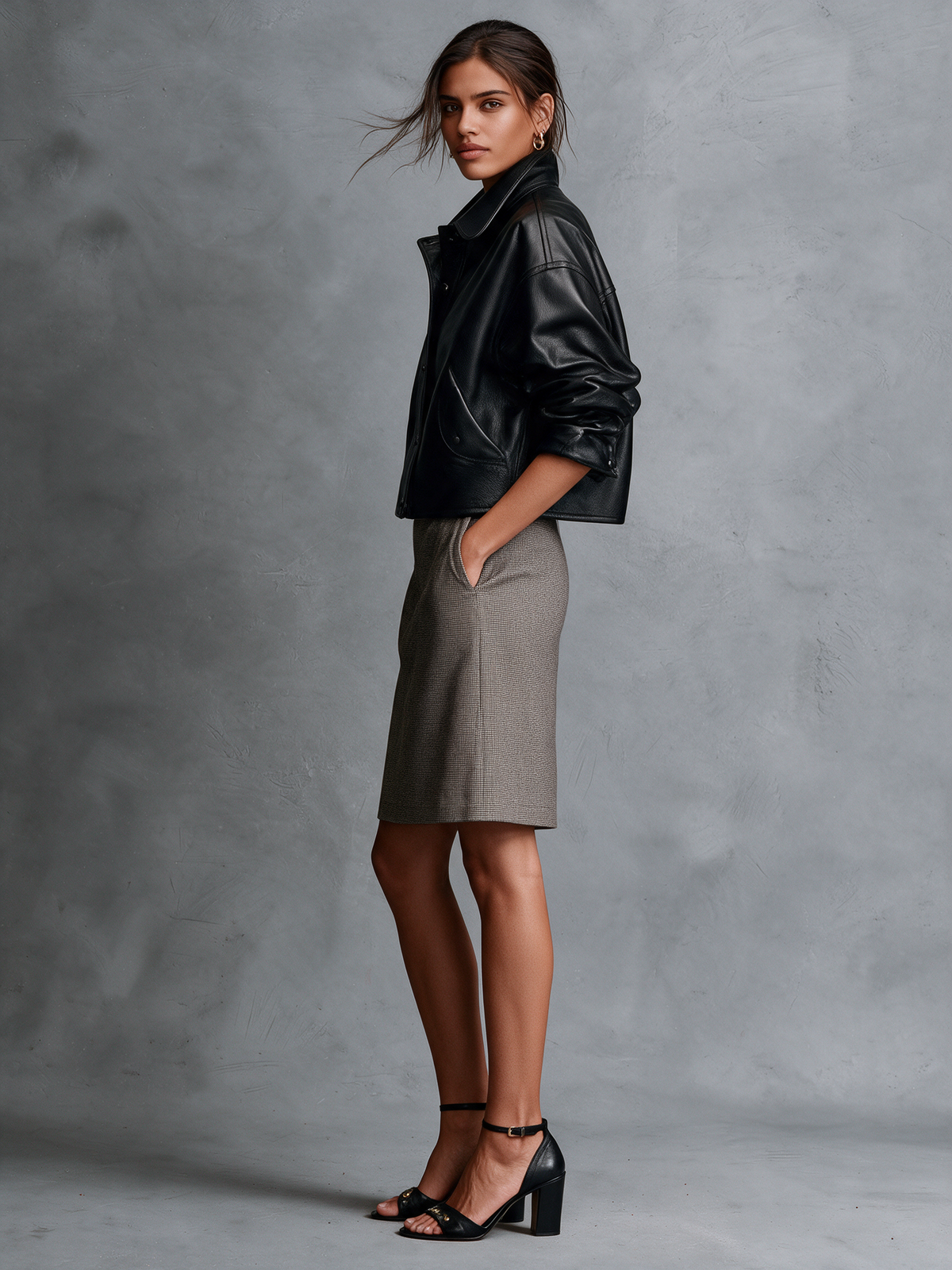 Women's Black PU Leather Cropped Jacket With Shirt Collar, Snap‑Button Front And Oversized Drop‑Shoulder Sleeves