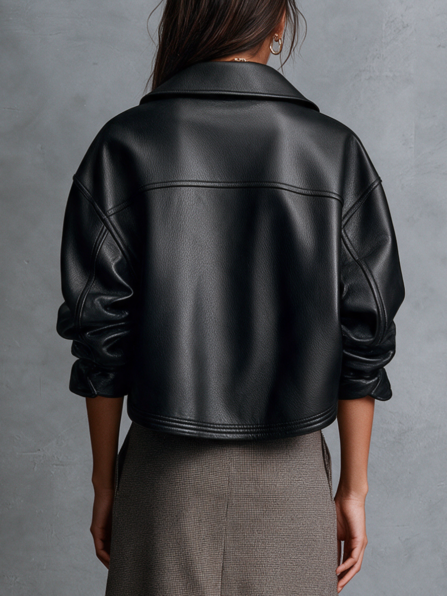 Women's Black PU Leather Cropped Jacket With Shirt Collar, Snap‑Button Front And Oversized Drop‑Shoulder Sleeves