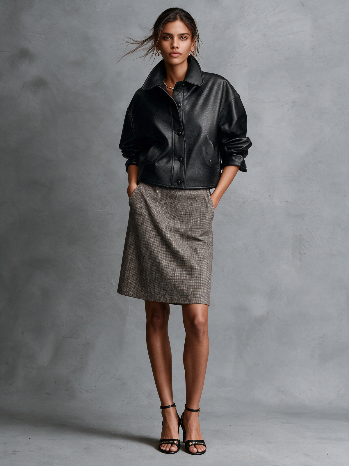 Women's Black PU Leather Cropped Jacket With Shirt Collar, Snap‑Button Front And Oversized Drop‑Shoulder Sleeves