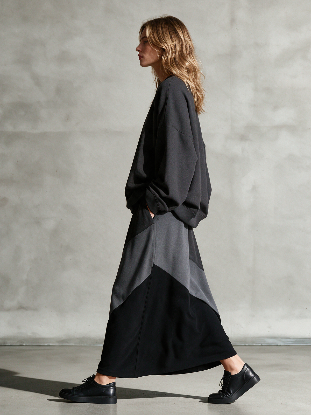 Women's Charcoal Oversized Crewneck Sweatshirt & Diagonal Color‑Block Maxi Skirt Two‑Piece Set