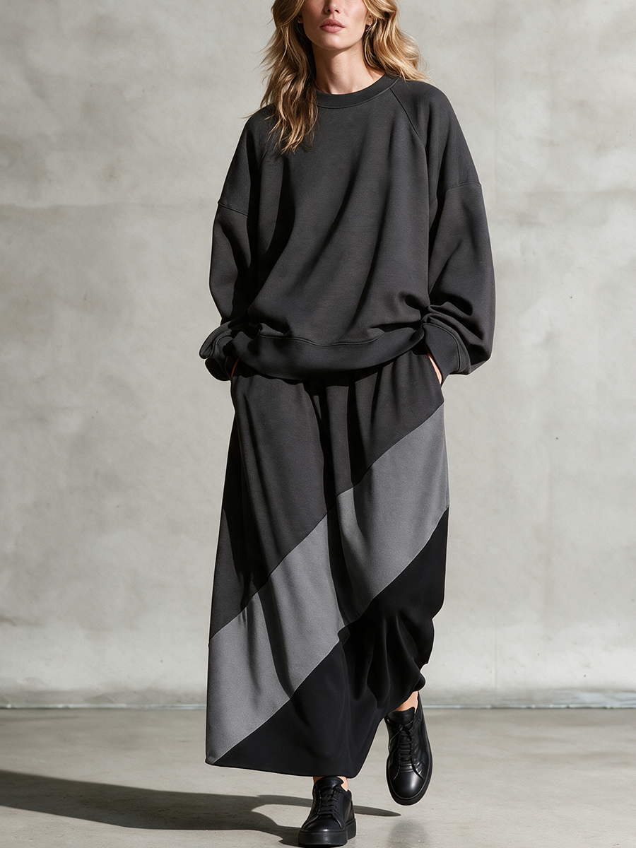 Women's Charcoal Oversized Crewneck Sweatshirt & Diagonal Color‑Block Maxi Skirt Two‑Piece Set