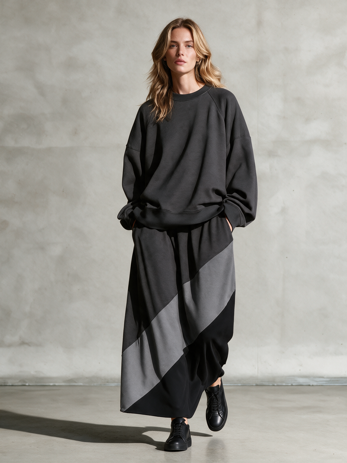 Women's Charcoal Oversized Crewneck Sweatshirt & Diagonal Color‑Block Maxi Skirt Two‑Piece Set