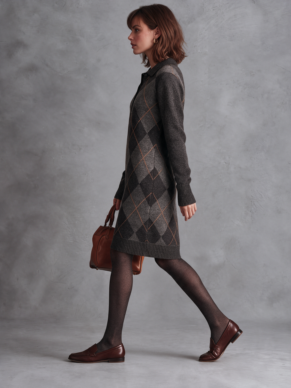Women's Charcoal Argyle Wool Knit Polo‑Collar Half‑Button Long Sleeve Knee‑Length Sweater Dress