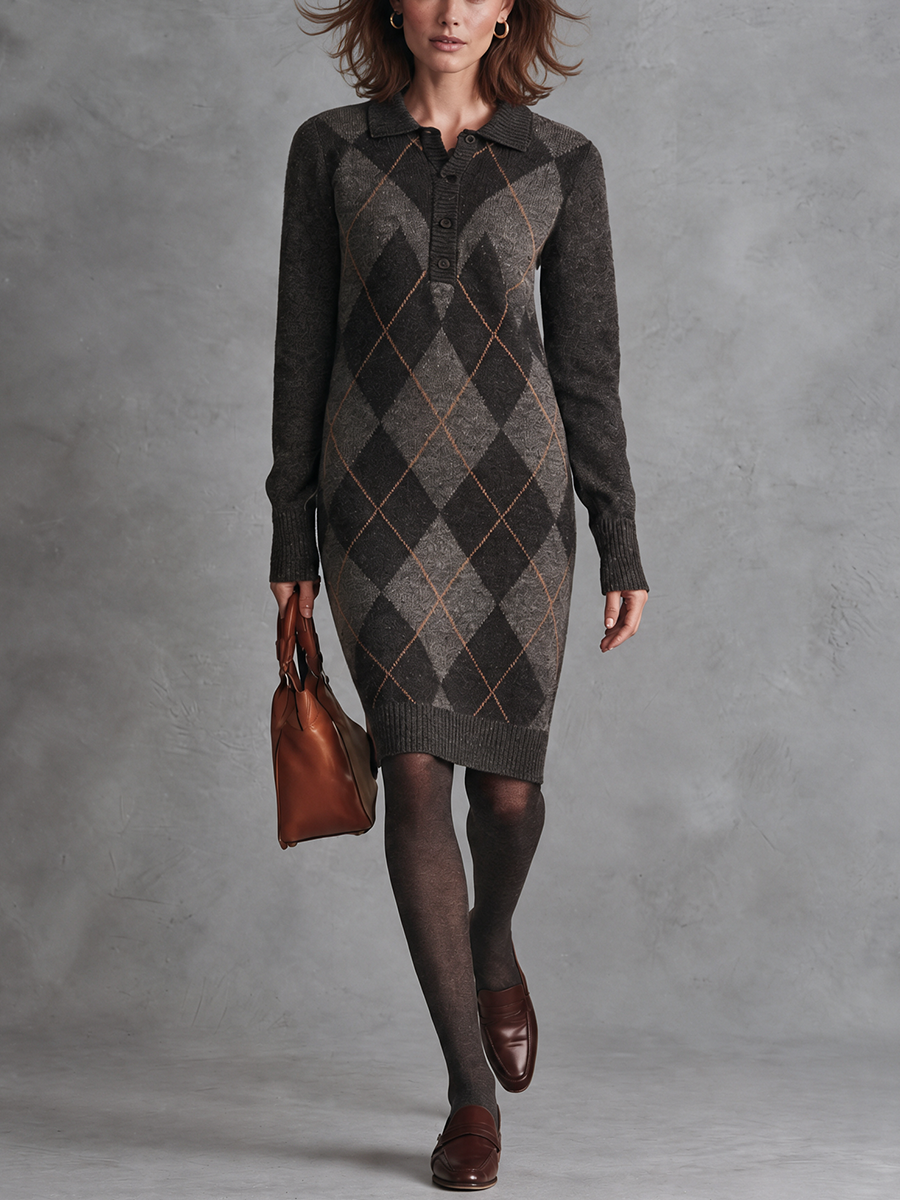 Women's Charcoal Argyle Wool Knit Polo‑Collar Half‑Button Long Sleeve Knee‑Length Sweater Dress