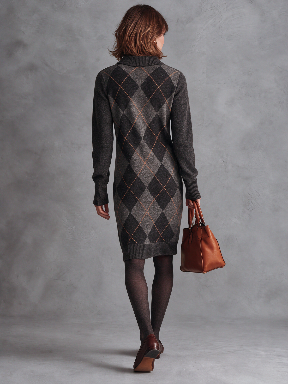 Women's Charcoal Argyle Wool Knit Polo‑Collar Half‑Button Long Sleeve Knee‑Length Sweater Dress