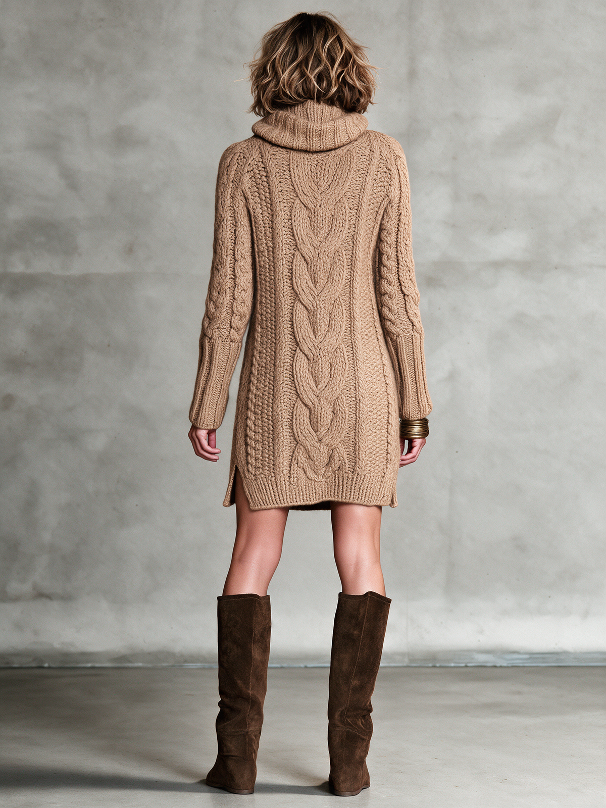 Women's Camel Wool Knit Cowl‑Neck Cable Knit Long Sleeve Mini Sweater Dress With Side Slits