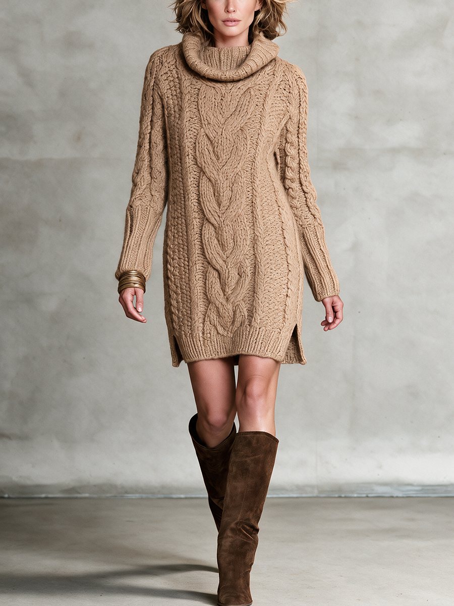 Women's Camel Wool Knit Cowl‑Neck Cable Knit Long Sleeve Mini Sweater Dress With Side Slits