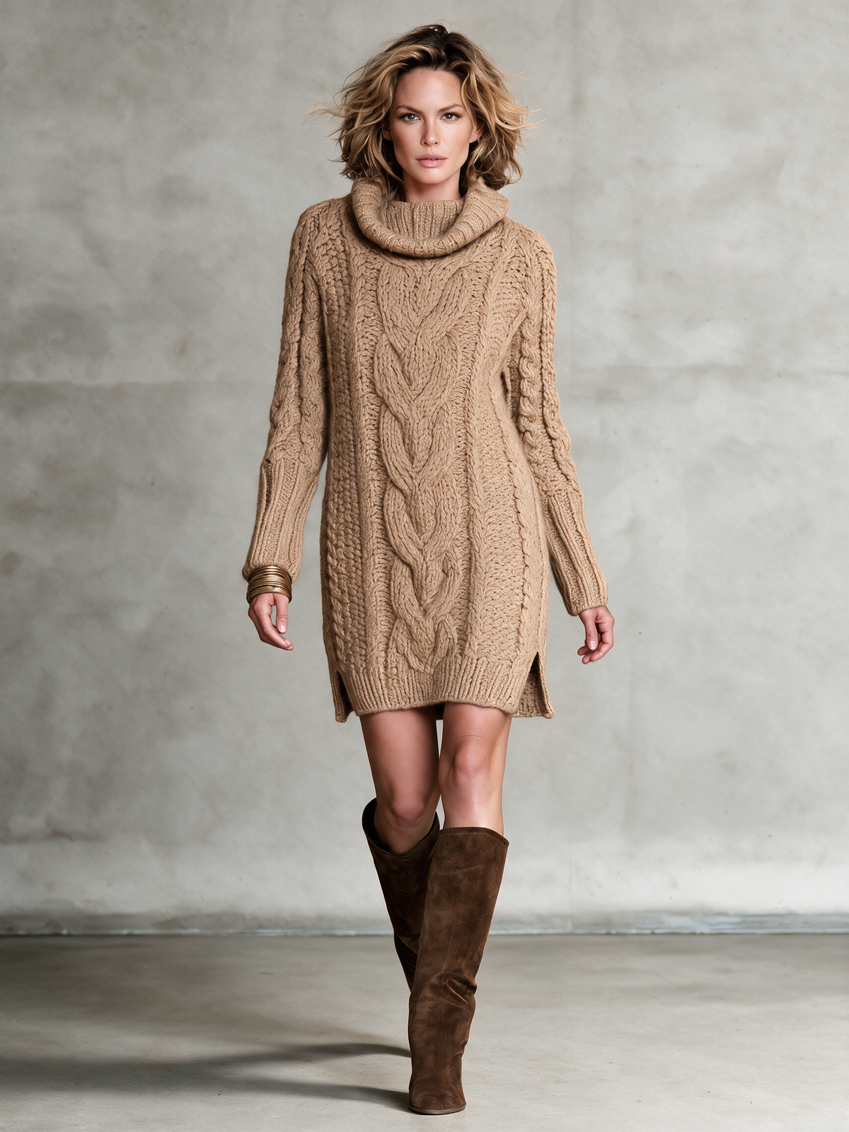 Women's Camel Wool Knit Cowl‑Neck Cable Knit Long Sleeve Mini Sweater Dress With Side Slits