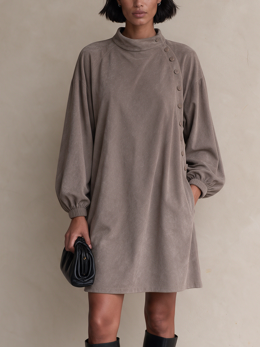 Women's Casual Asymmetric Button Balloon Sleeve Suede Mini Dress