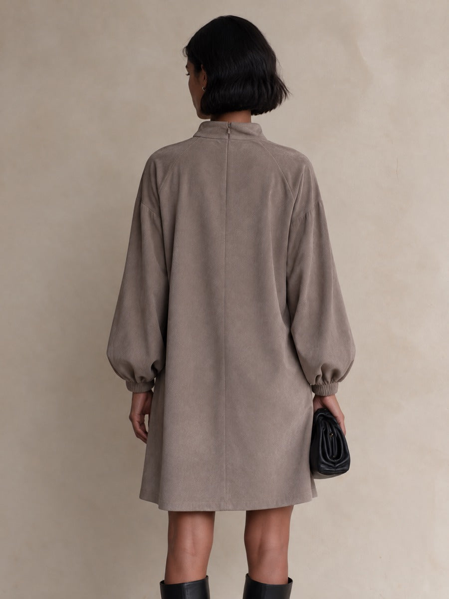 Women's Casual Asymmetric Button Balloon Sleeve Suede Mini Dress