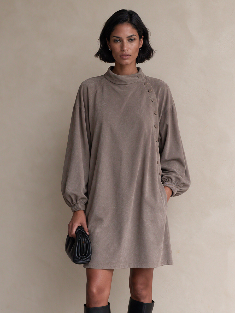 Women's Casual Asymmetric Button Balloon Sleeve Suede Mini Dress
