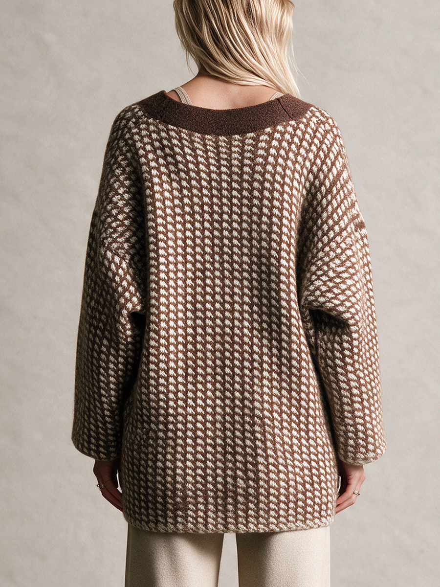 Women's Brown & Cream Houndstooth Wool Knit Open‑Front Cardigan With Patch Pockets And Contrast Fuzzy Trim