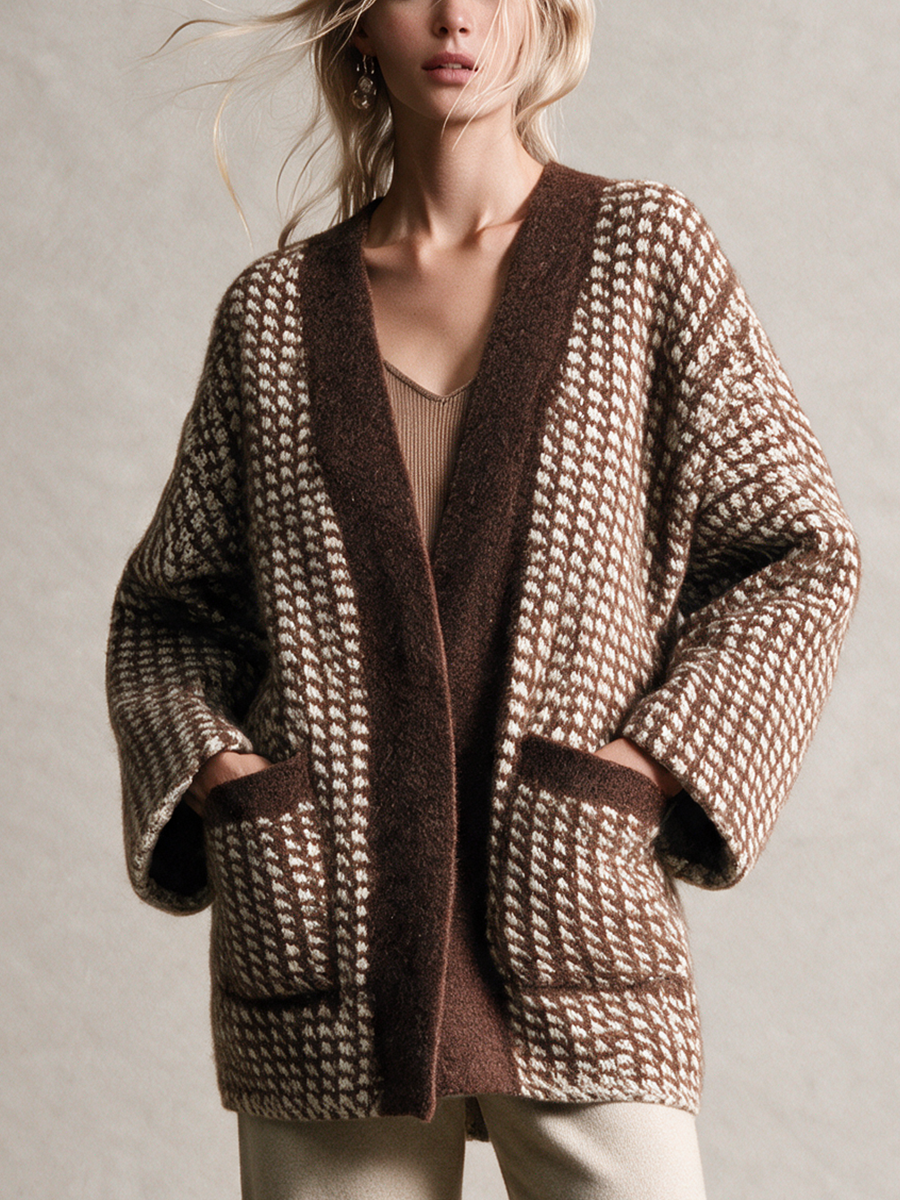 Women's Brown & Cream Houndstooth Wool Knit Open‑Front Cardigan With Patch Pockets And Contrast Fuzzy Trim
