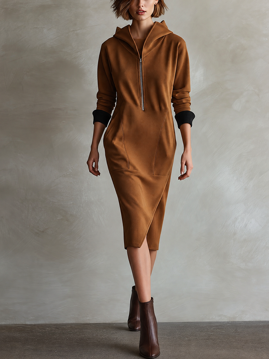 Women's Caramel Brown Sweatshirt Fabric Hooded Half‑Zip Midi Dress With Ribbed Cuffs And Wrap Hem