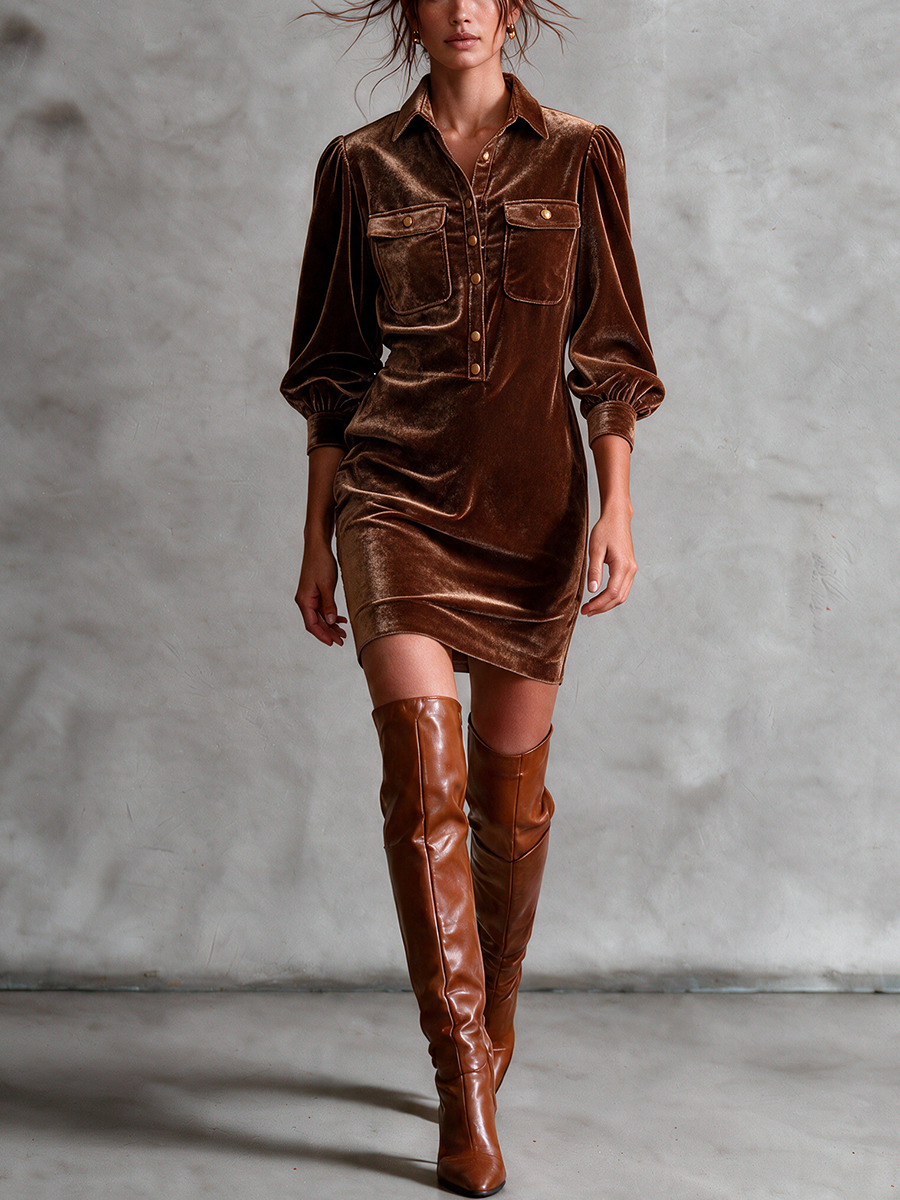 Women's Caramel Brown Velvet Shirt Collar Half‑Button Puff Sleeve Mini Dress With Chest Flap Pockets