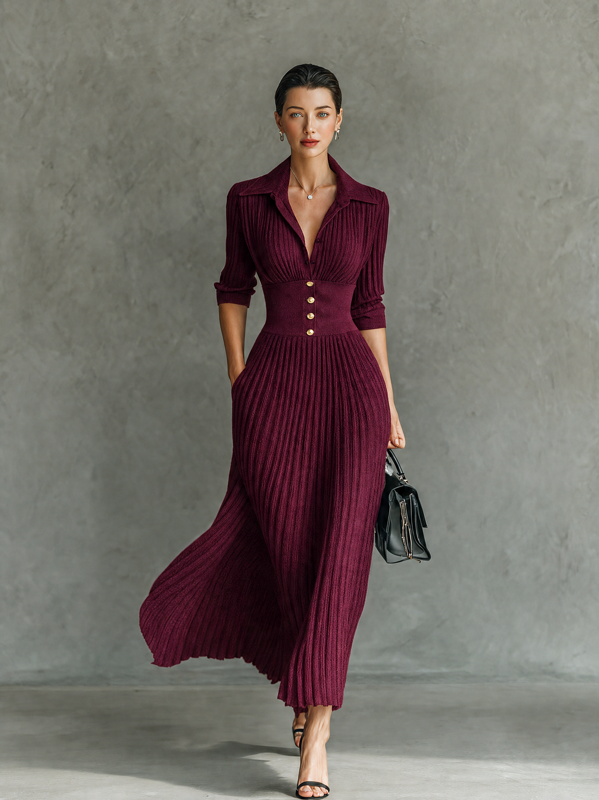 Women's Elegant Button-Front Collared Pleated Knit Dress