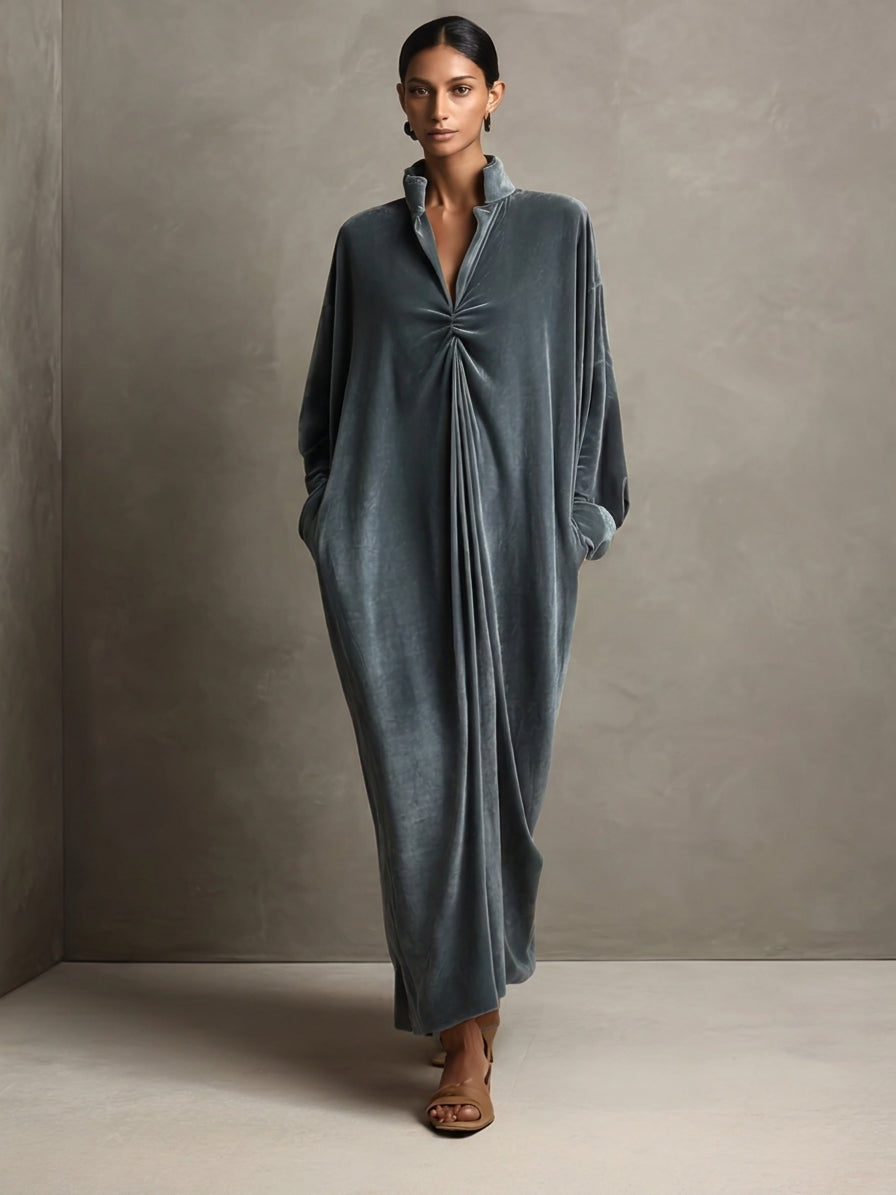 Women's Dusty Blue Stand‑Collared Twist‑Knot Oversized Velvet Maxi Dress