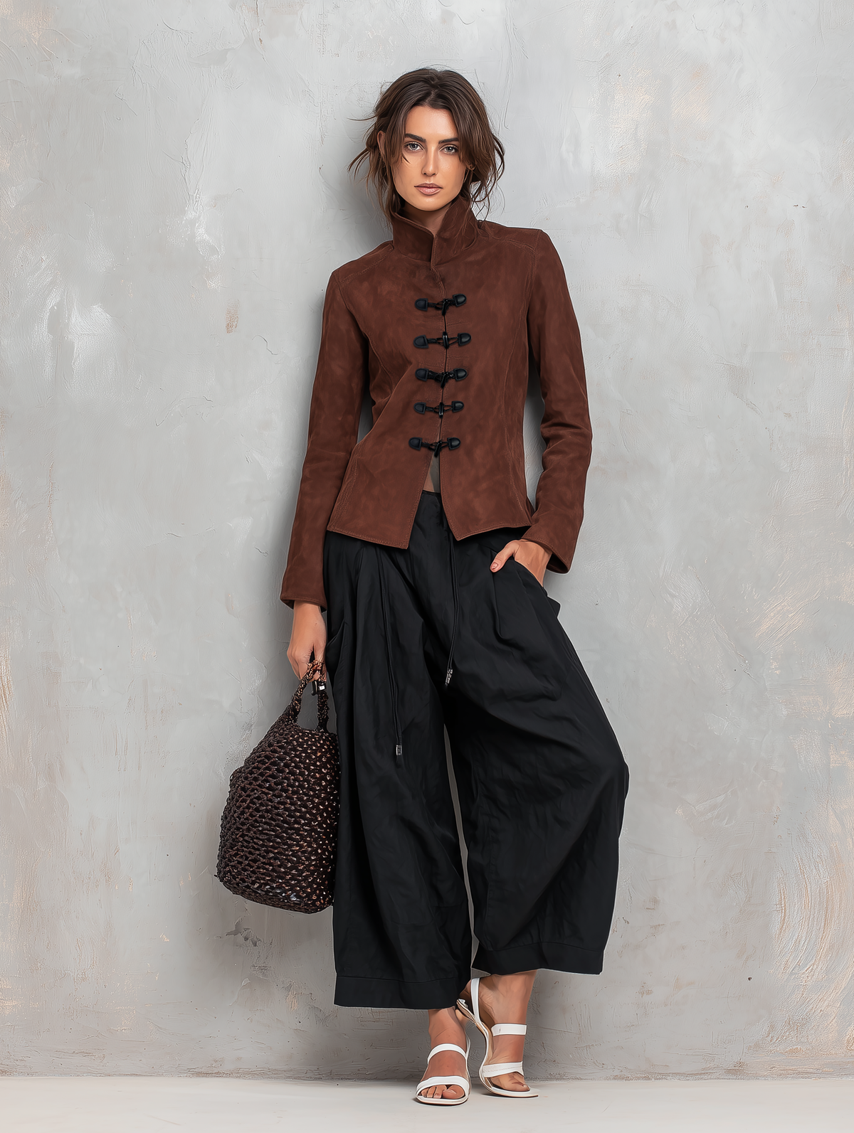 Women's Casual 2-Piece Set Brown Suede Long-sleeve Jacket And Black Woven Trousers MDZ2956G0LXY