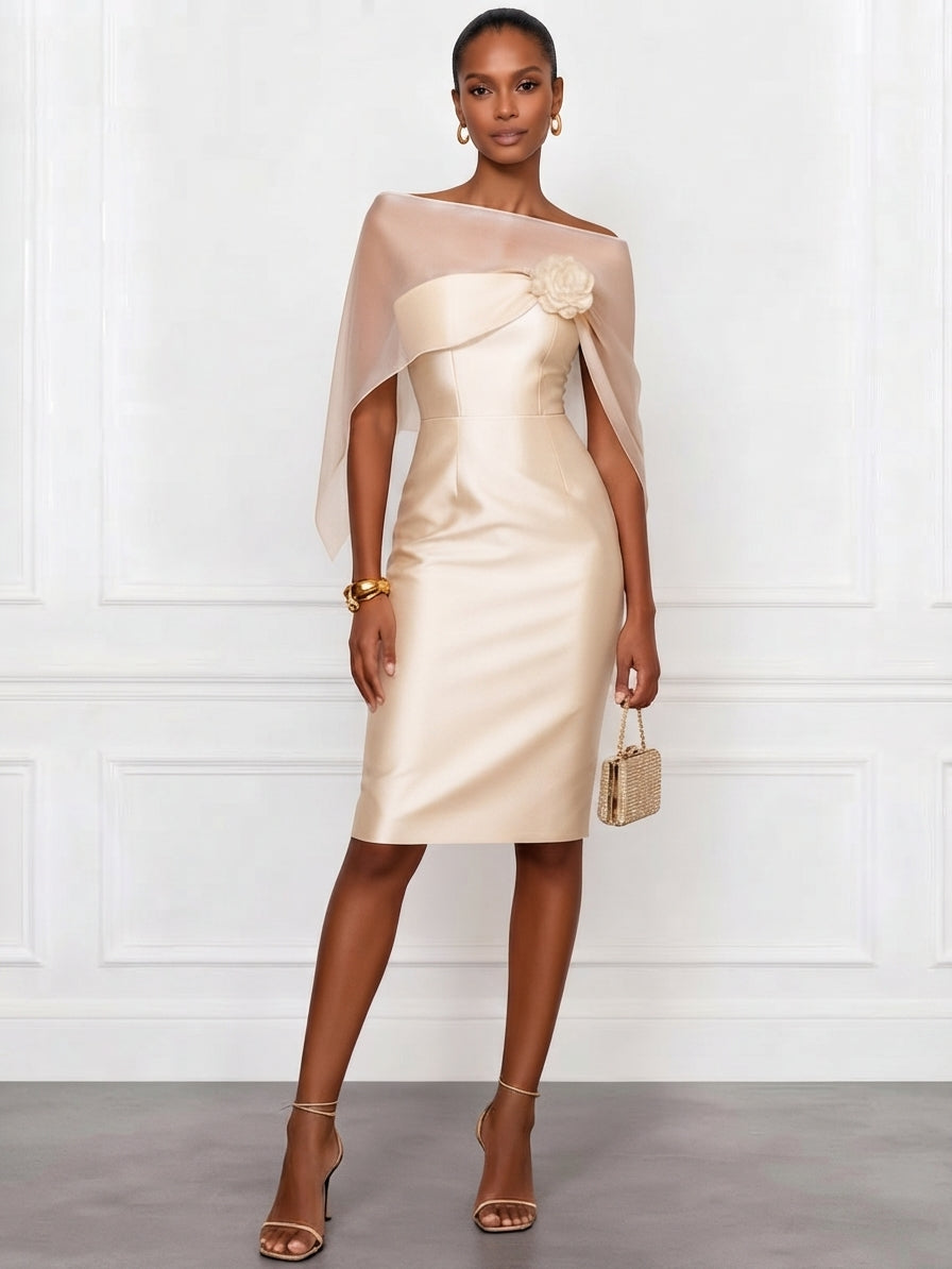 Apricot mesh shawl satin fitted midi dress