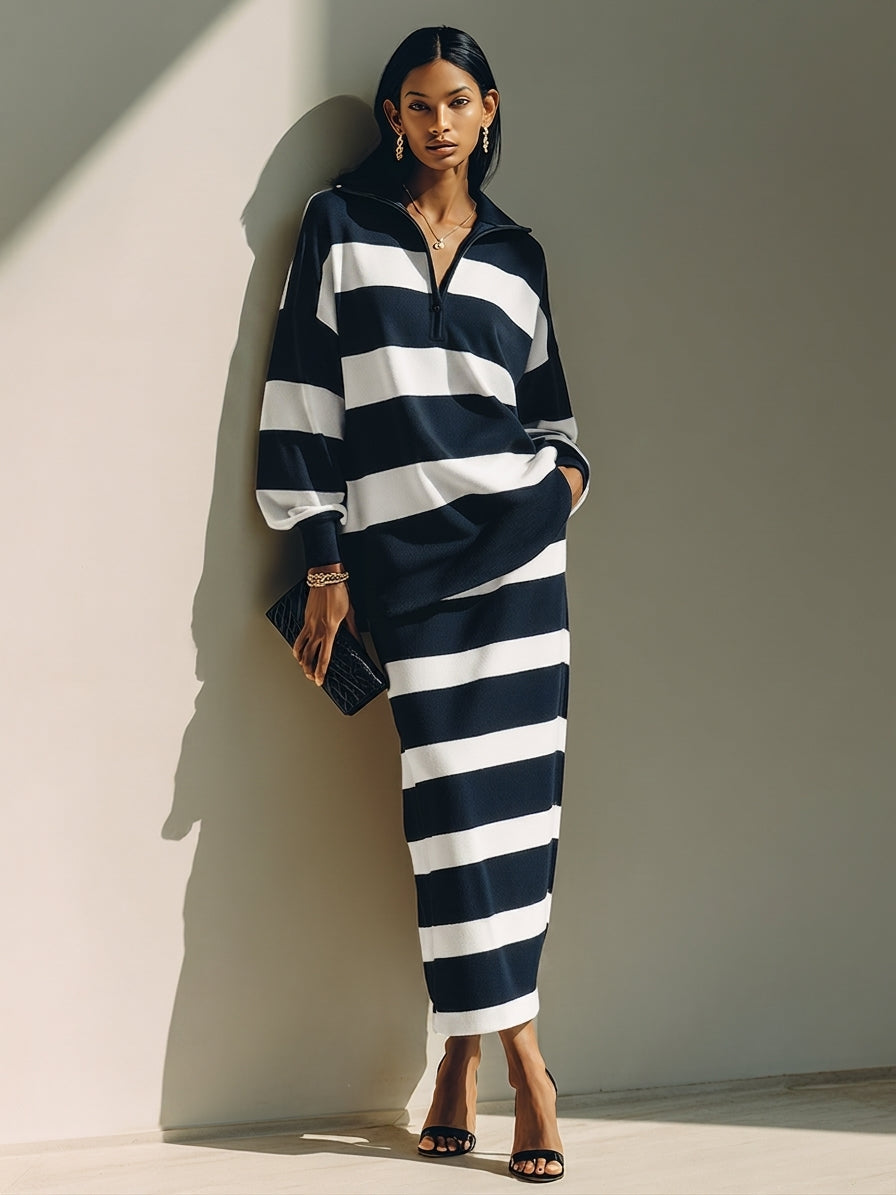 Women's Color-Block Striped Cotton-Blend Half-Zip Top & Midi Skirt Two-Piece Set