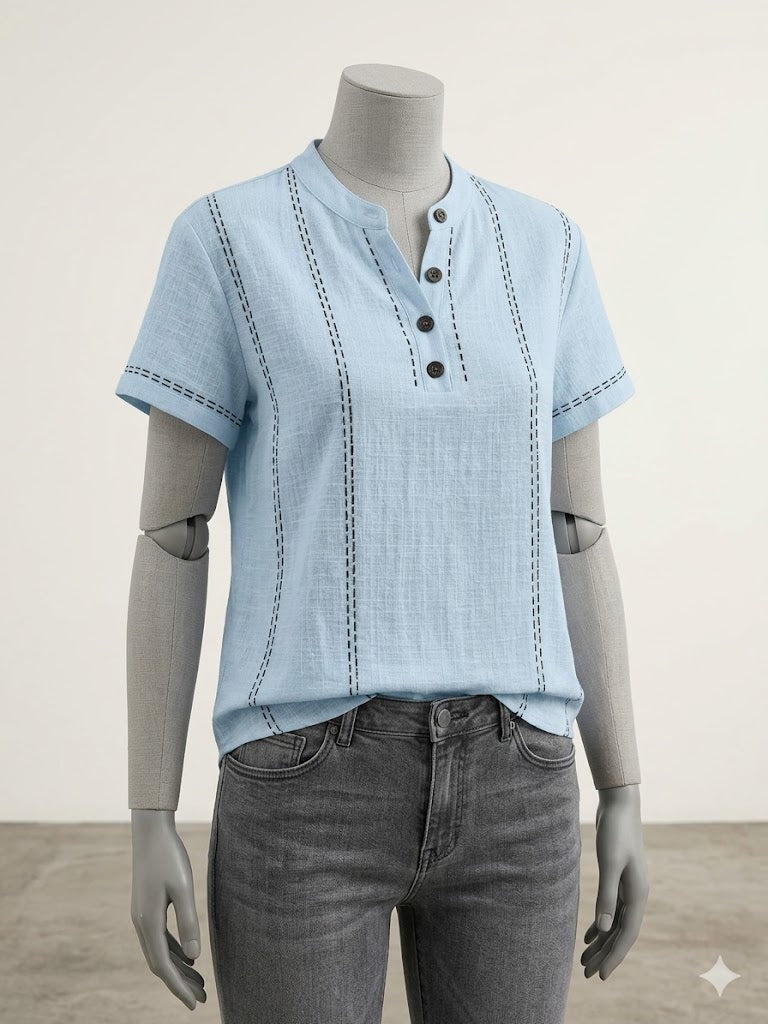 Women's V-neck Short-sleeve Casual Loose Cotton-linen Top