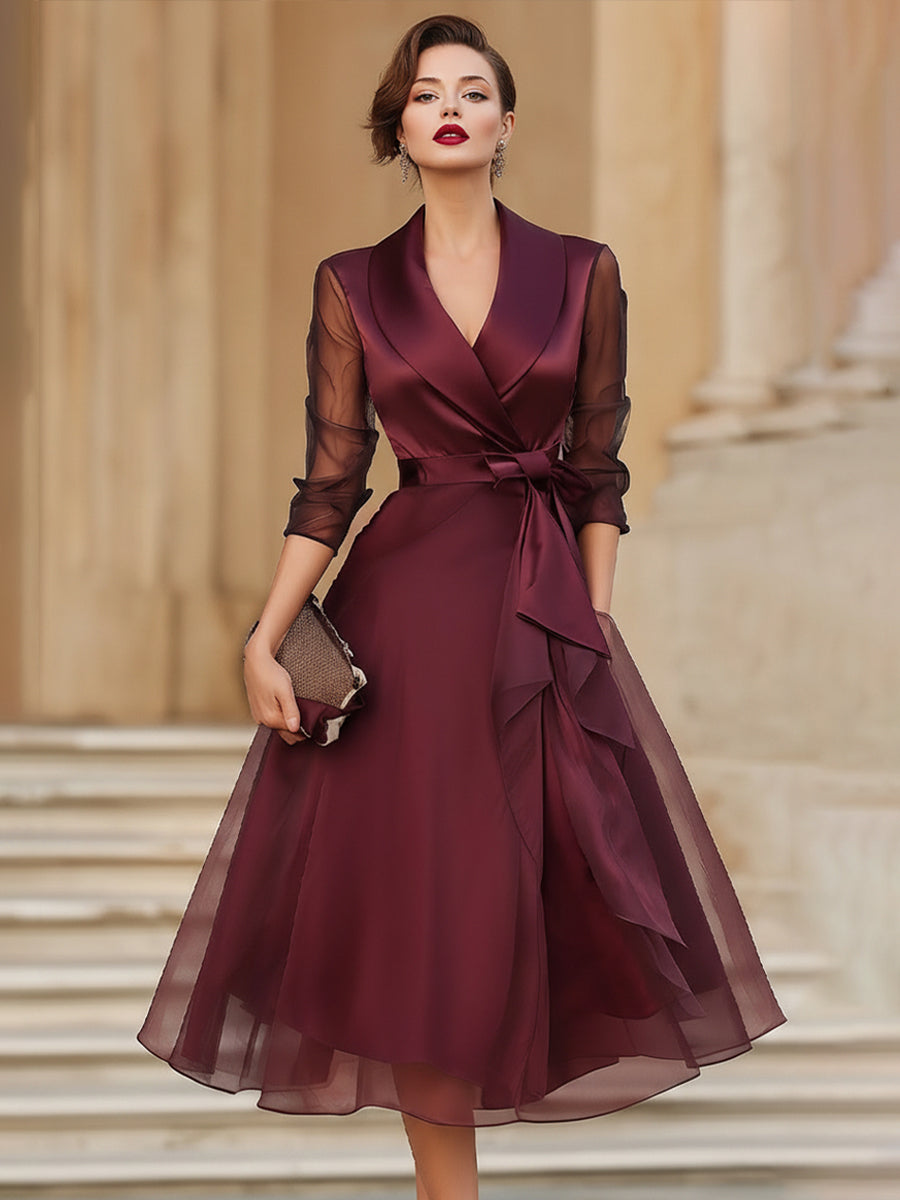 Freya | Elegant Wrap Midi Dress With Sheer Sleeves