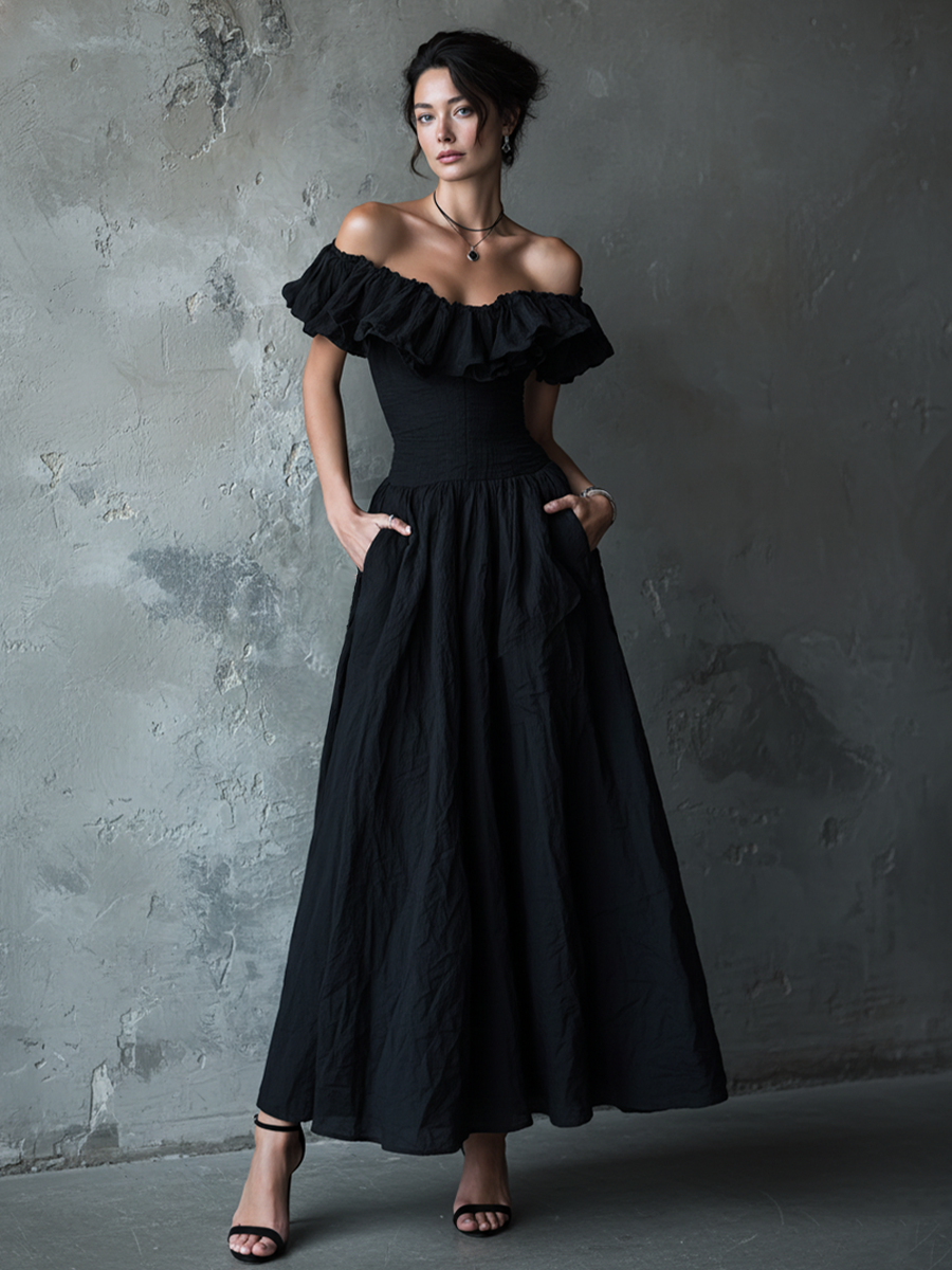 Women's Elegant Black Cotton Blend Off-Shoulder Ruffle Smocked Waist-Tailored Flared Maxi Dress