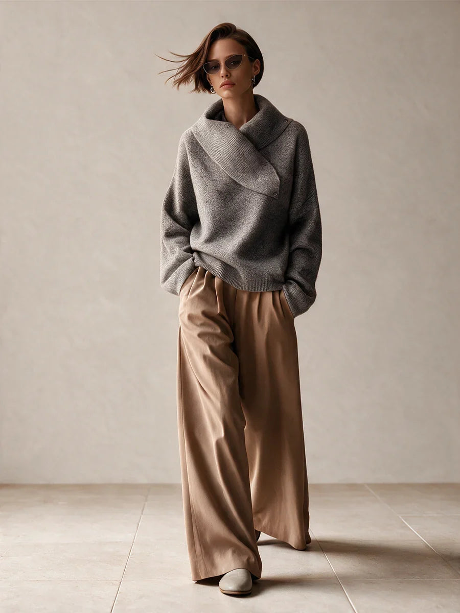 Women's Asymmetric Wrap Collar Loose Knit Sweater
