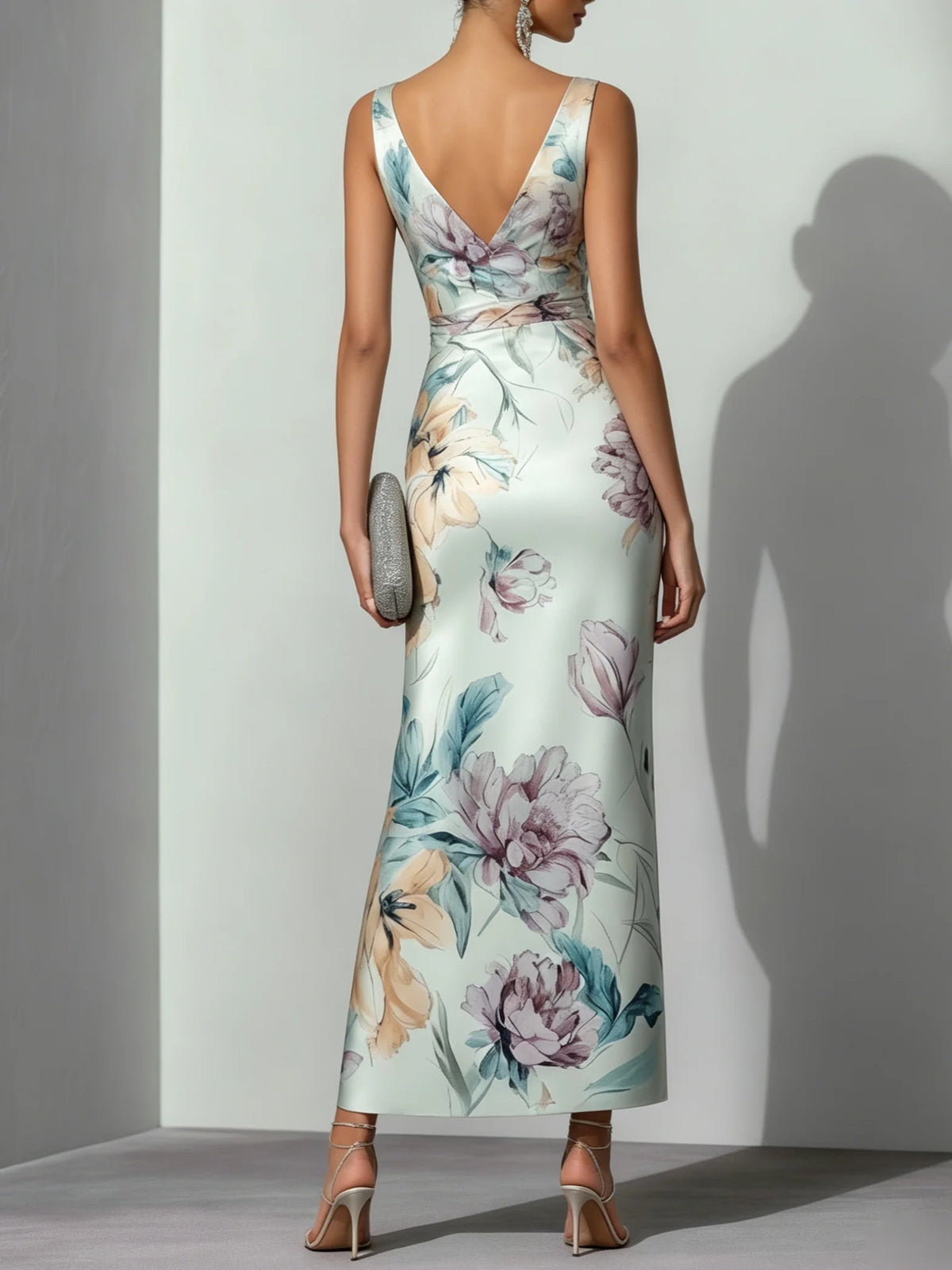 Light Blue Floral Satin V Neck Sleeveless Maxi Dress