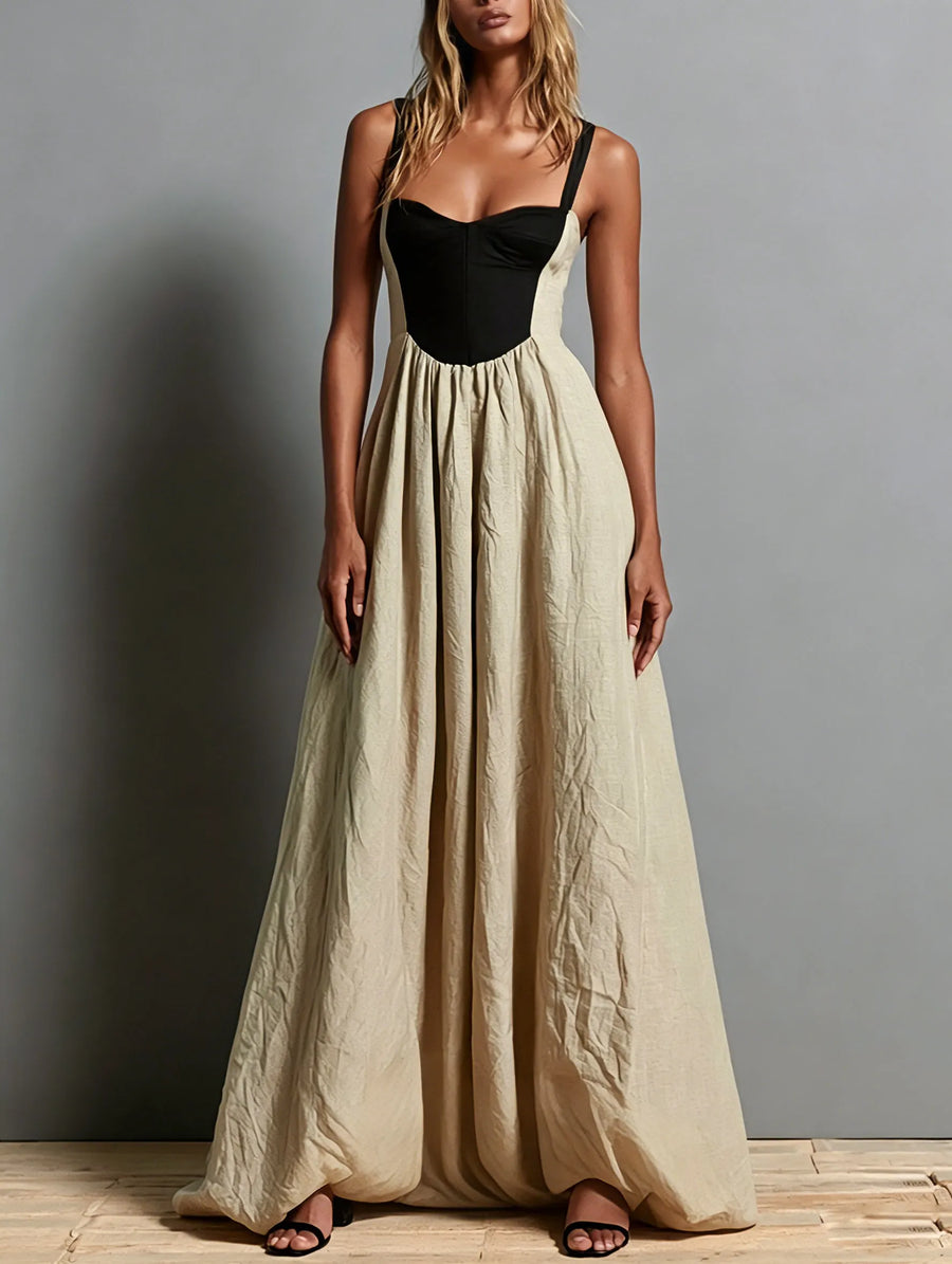 Khaki Sleeveless Maxi Dress with Square Neck and Color-Block Paneling