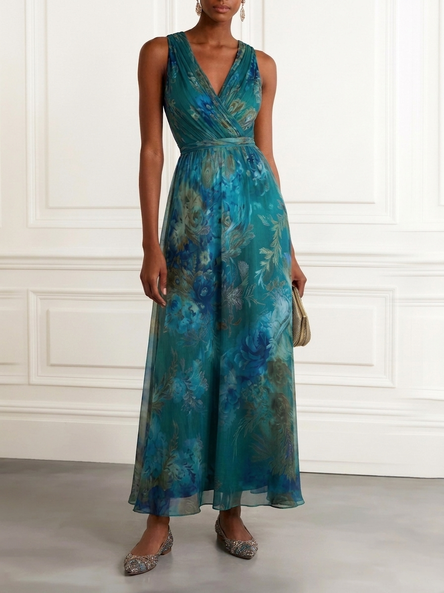 Blue Green Floral Pleated Chiffon V-neck A-line Maxi Dress