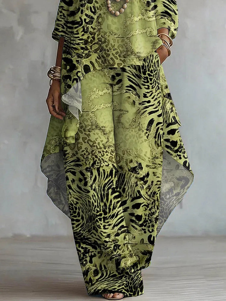 Women's Retro Leopard Art Print Casual Stylish 3/4 Sleeve Cotton Linen Suits