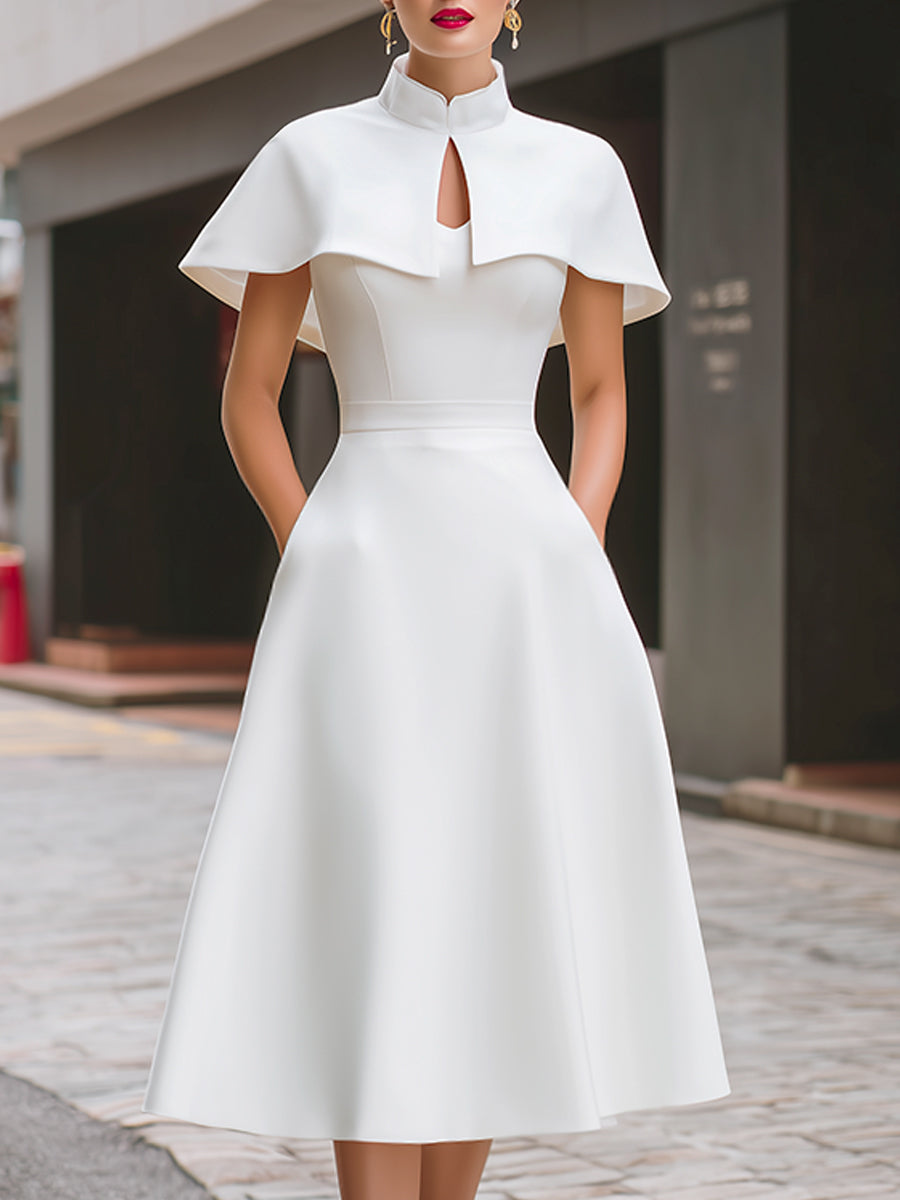 High Neck Cape Sleeve Keyhole A-Line Midi Dress