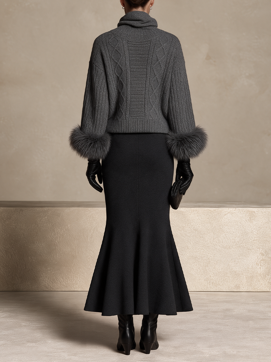 Women's Chunky Cable Knit Fur Cuff Gray Sweater