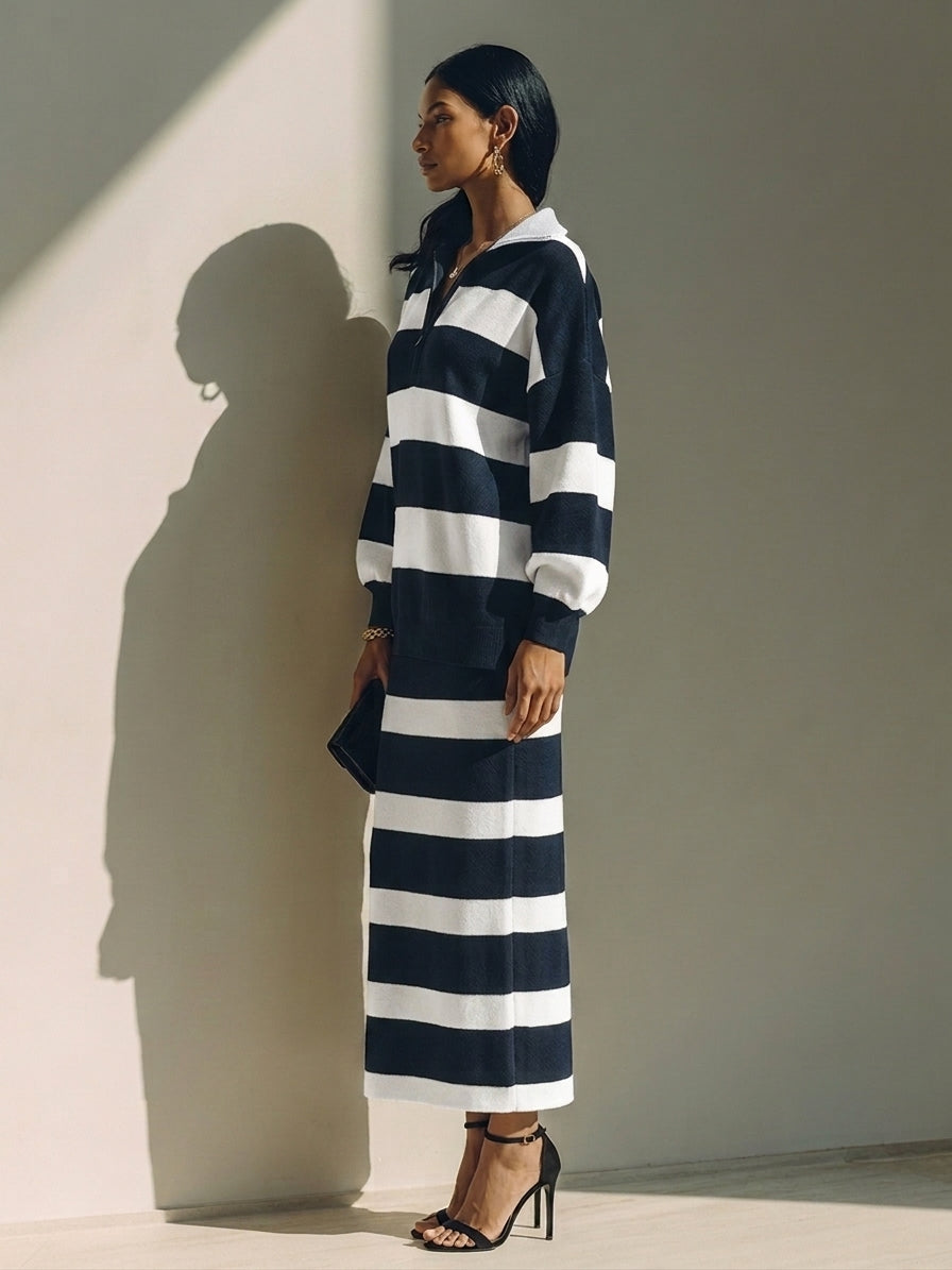 Women's Color-Block Striped Cotton-Blend Half-Zip Top & Midi Skirt Two-Piece Set
