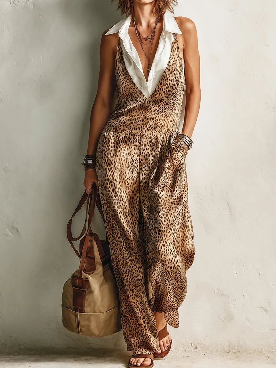 Vintage sleeveless top paired with a satin leopard-print jumpsuit set