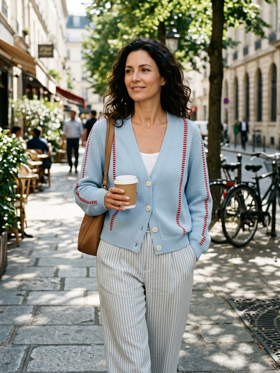 Women's Contrast Stitch Casual V-Neck Cardigan
