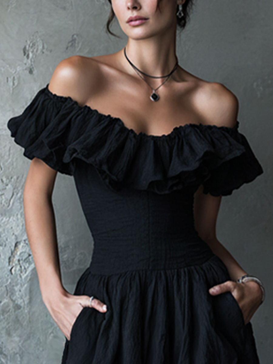 Women's Elegant Black Cotton Blend Off-Shoulder Ruffle Smocked Waist-Tailored Flared Maxi Dress
