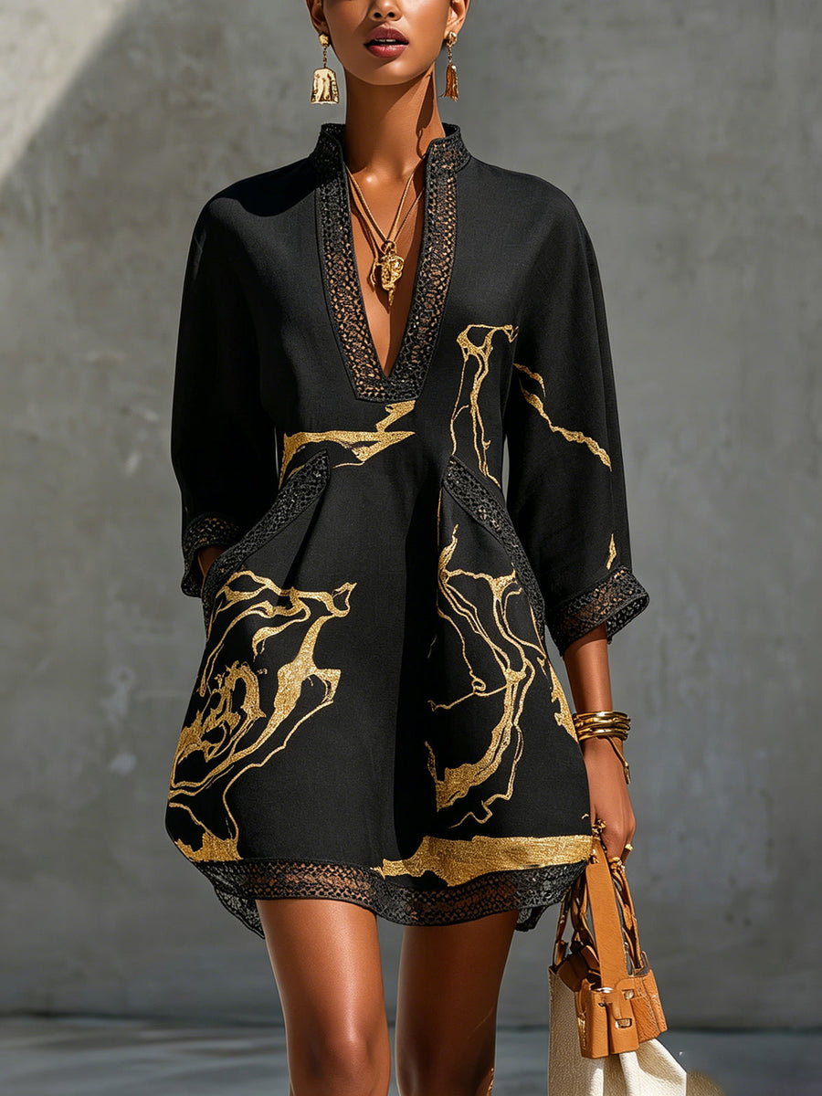 Boho V-Neck Crochet Lace Mini Dress - Black Gold