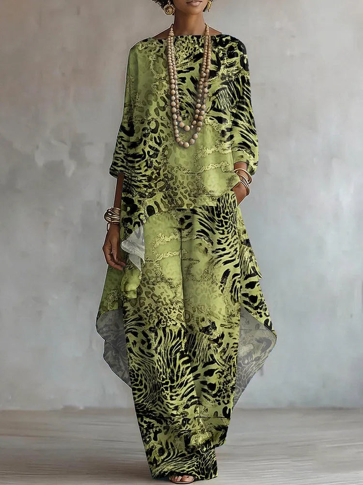 Women's Retro Leopard Art Print Casual Stylish 3/4 Sleeve Cotton Linen Suits