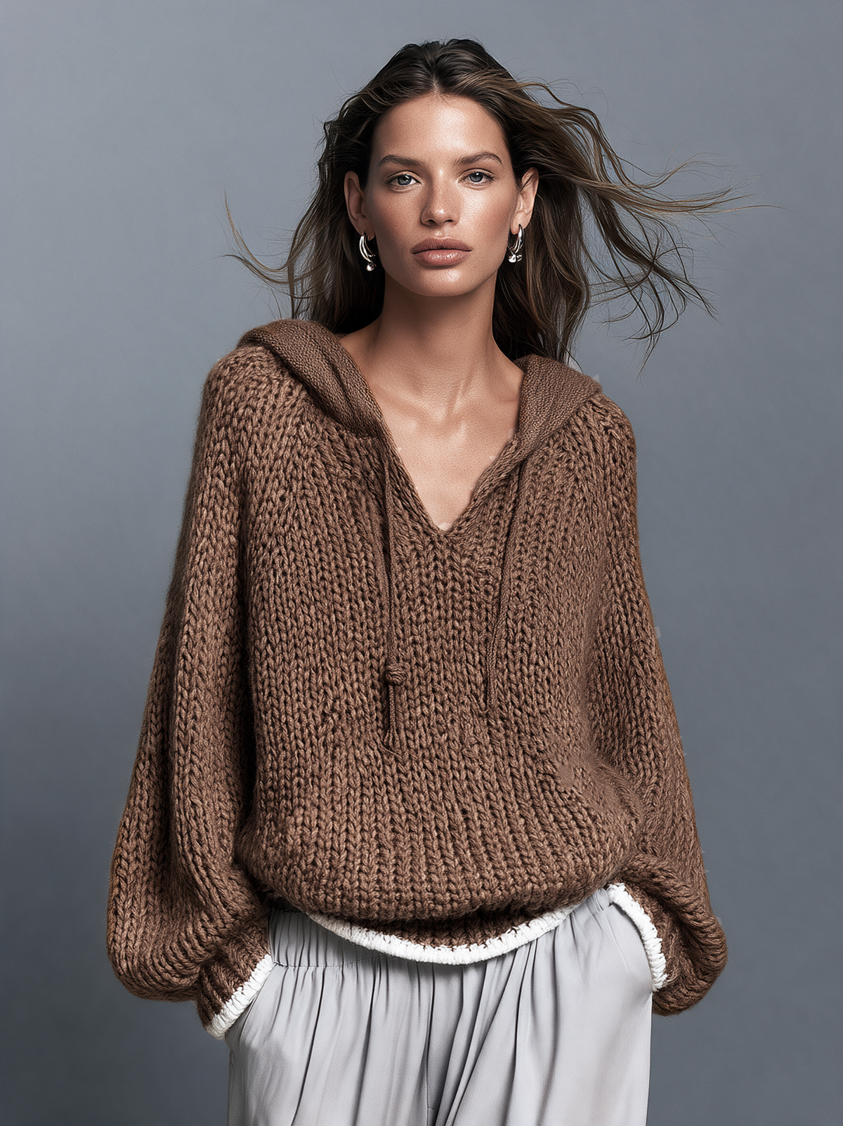Women's Casual Grey Long-Sleeve Knitted Hoodie