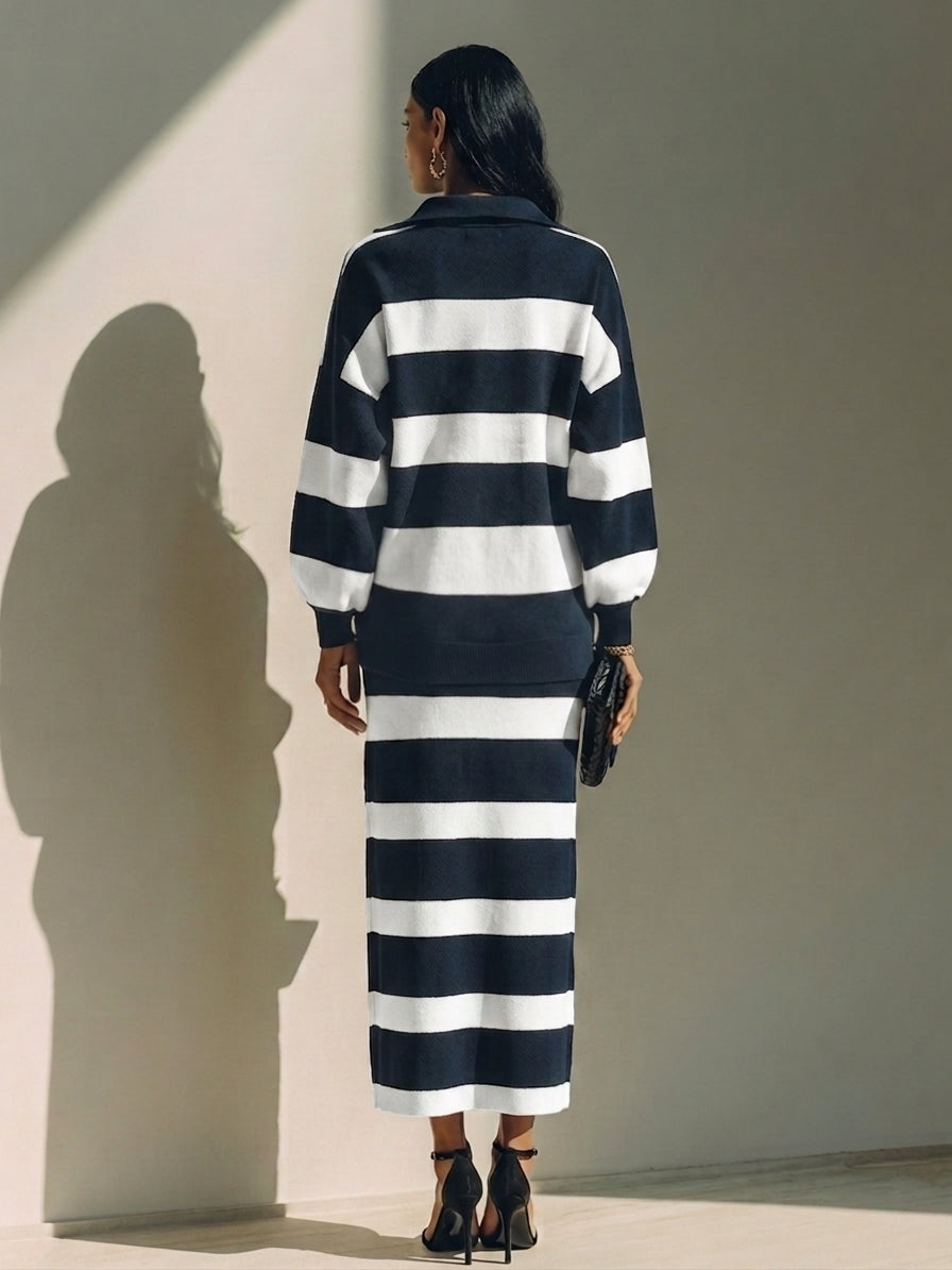 Women's Color-Block Striped Cotton-Blend Half-Zip Top & Midi Skirt Two-Piece Set