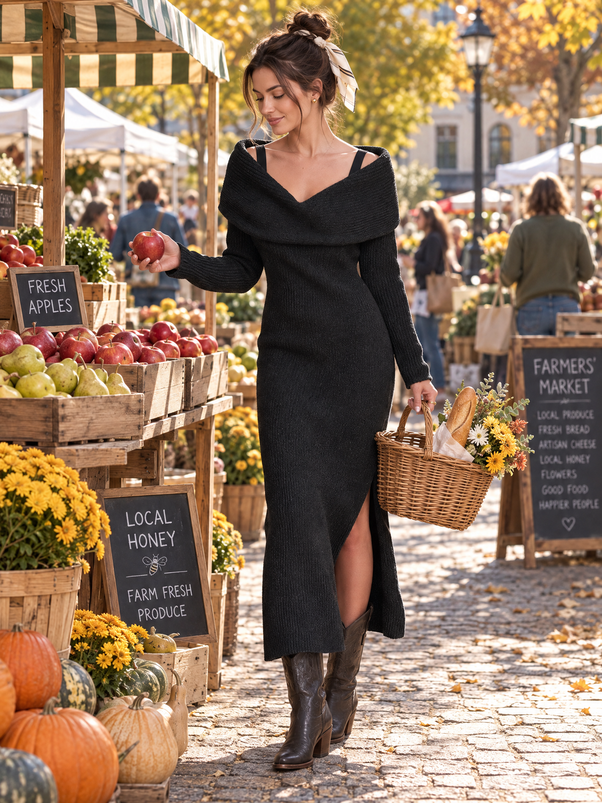 Women's Black Off-Shoulder Fold-Over Collar Ribbed Knit Maxi Dress