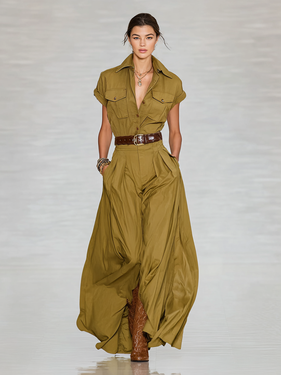 Women's Cotton Blend Lapel Single-breasted Short-sleeved Shirt Maxi Dress