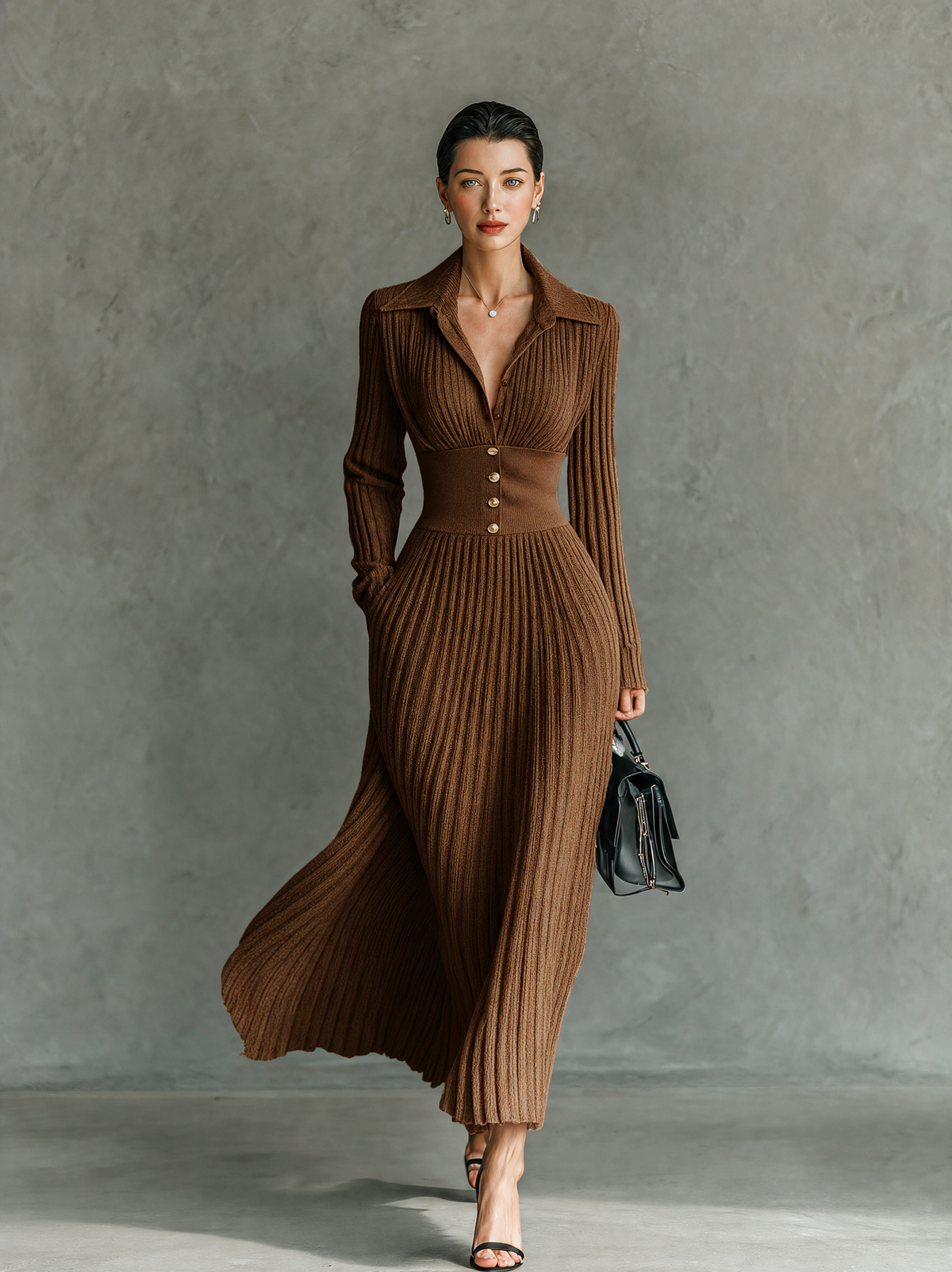 Women's Elegant Button-Front Collared Pleated Knit Dress